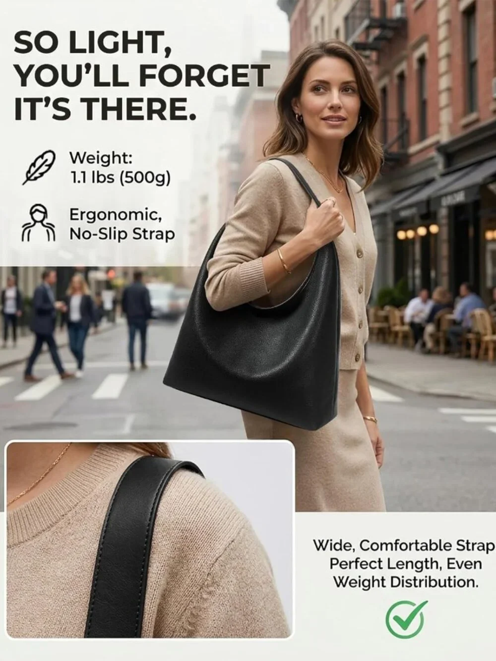 Stylish Large Hobo Tote Bag for Women, Soft Vegan Leather, Zipper Closure